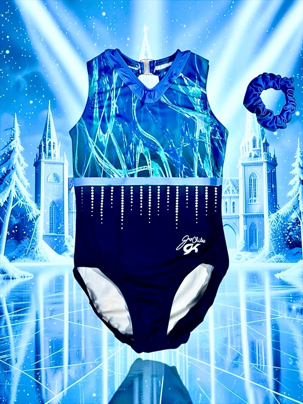 GK Elite Jordan Chiles Girls Leotard 🤸‍♀️ Blue Rhinestone Performance Size CM